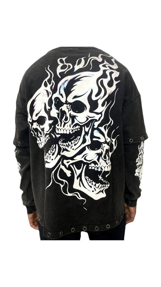 SF FLAMING SKULL DOUBLE SLEEVE (BLK)