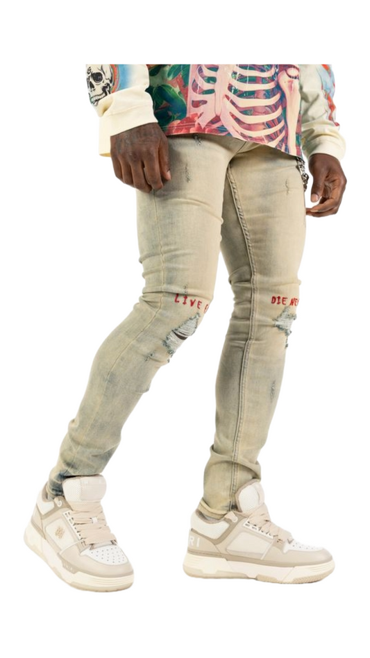 RELAPSE "LIVE FAST" SAND WASH DENIM