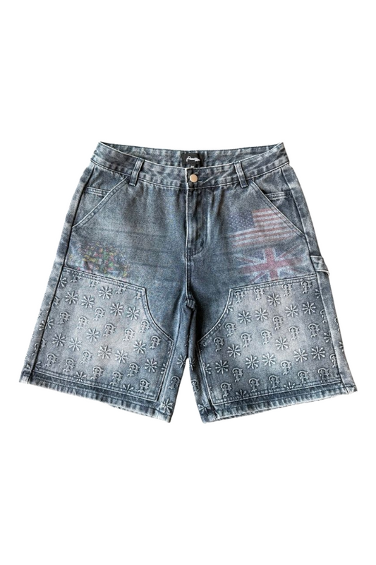 PRESTIGE EMBOSSED DENIM JEAN SHORT - BLUE