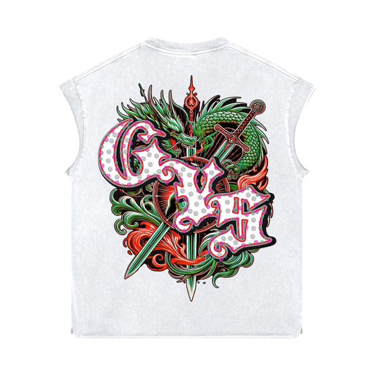 ANTO 'HEART OF A DRAGON' WHTxRED RHINESTONE SLEEVELESS SHIRT