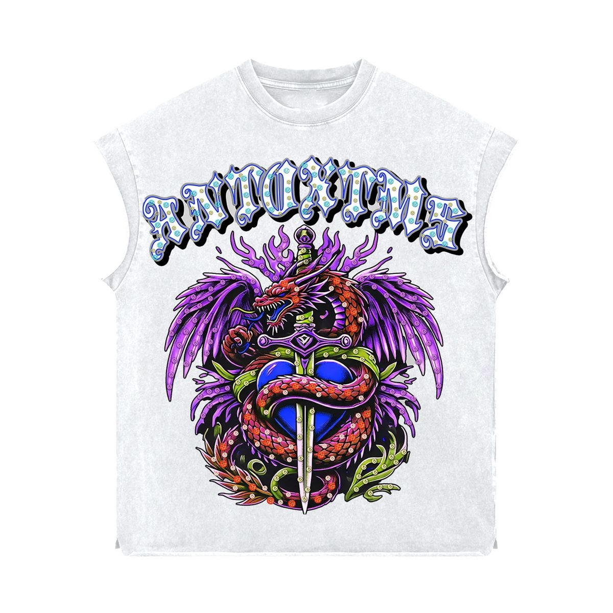 ANTO 'HEART OF A DRAGON' WHTxBLUE RHINESTONE SLEEVELESS SHIRT