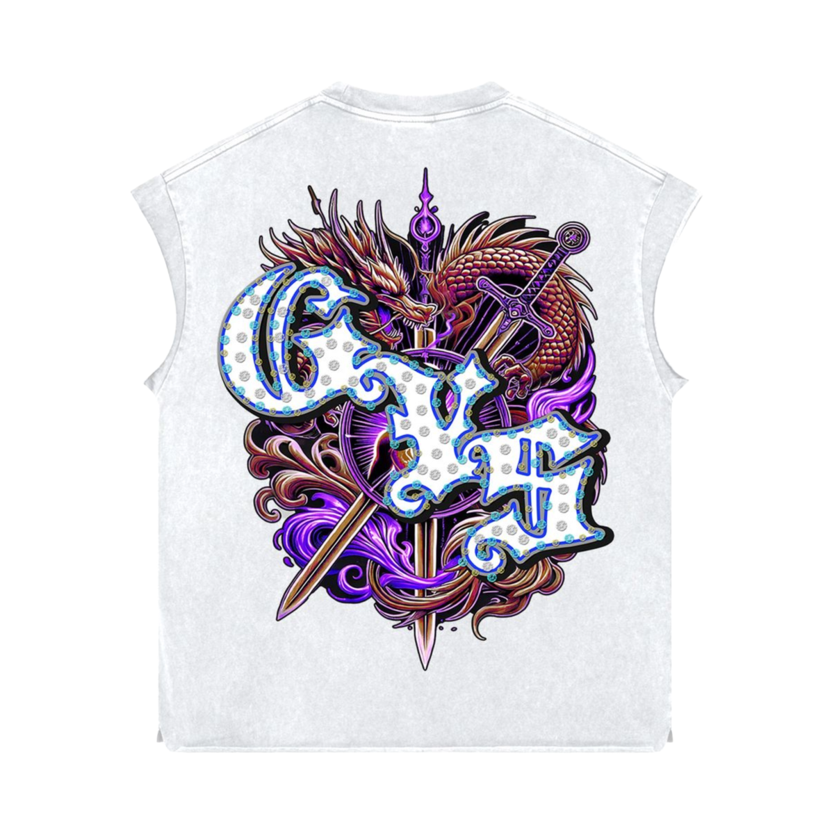 ANTO 'HEART OF A DRAGON' WHTxBLUE RHINESTONE SLEEVELESS SHIRT