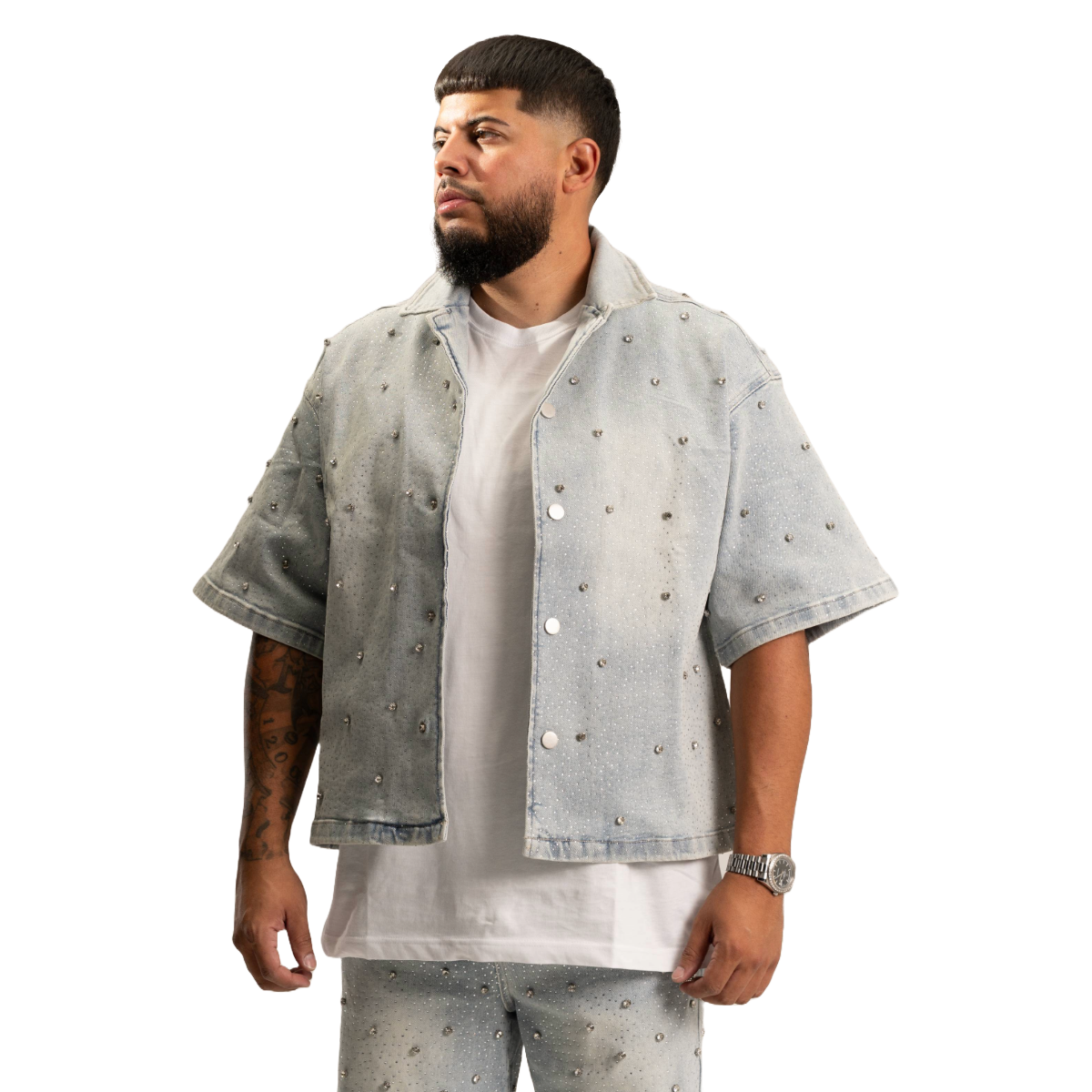 RVR 'EMBELLISHED' DENIM SHIRT - ICE BUE WASH