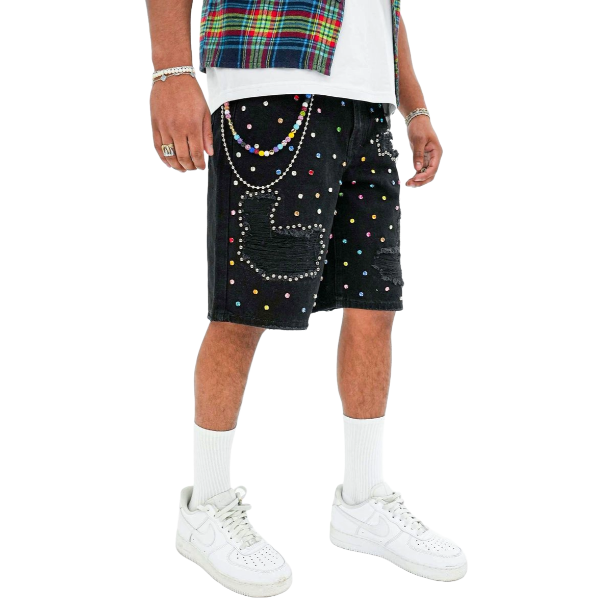 PREME 'RIP AND REPAIR' BLACK DENIM SHORTS