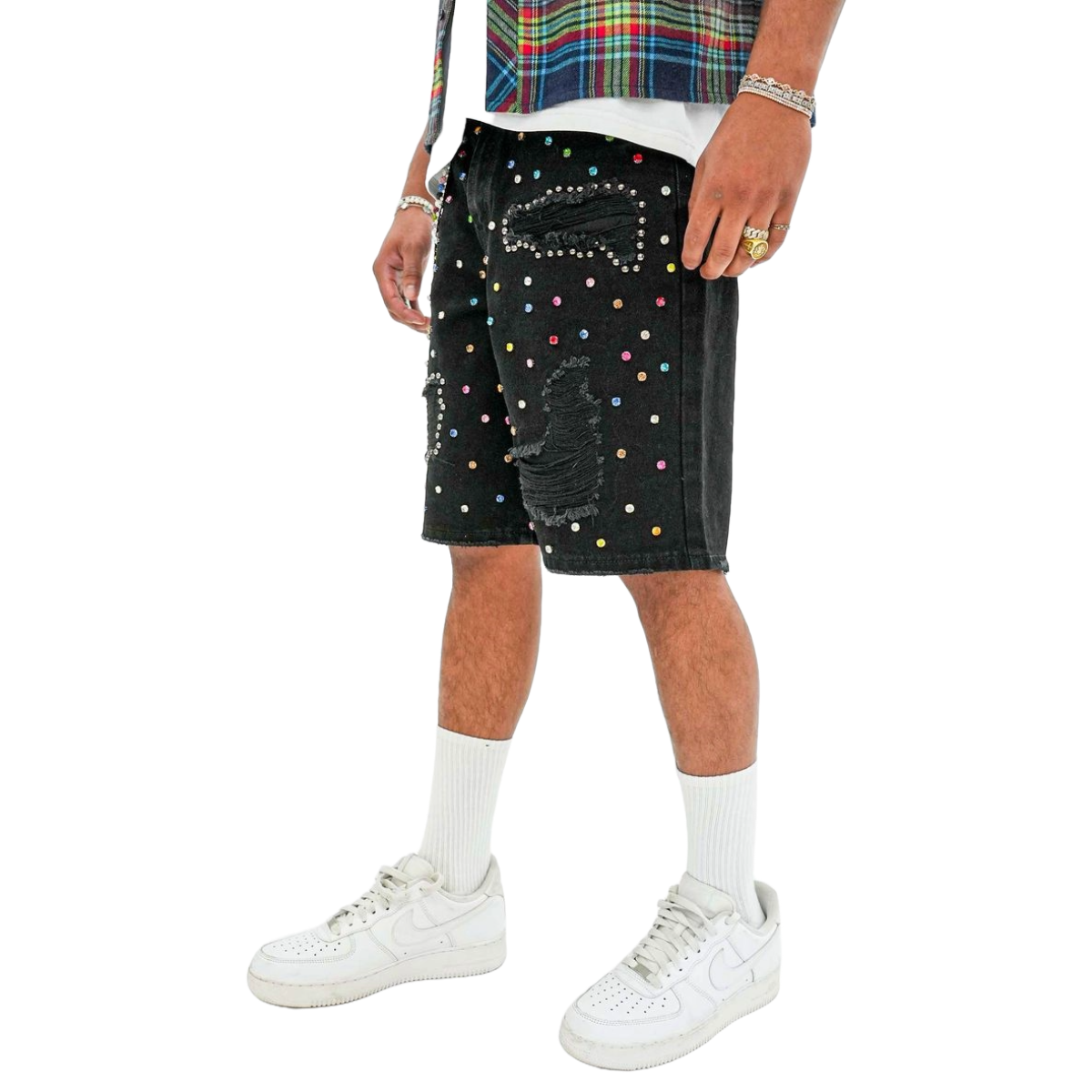 PREME 'RIP AND REPAIR' BLACK DENIM SHORTS