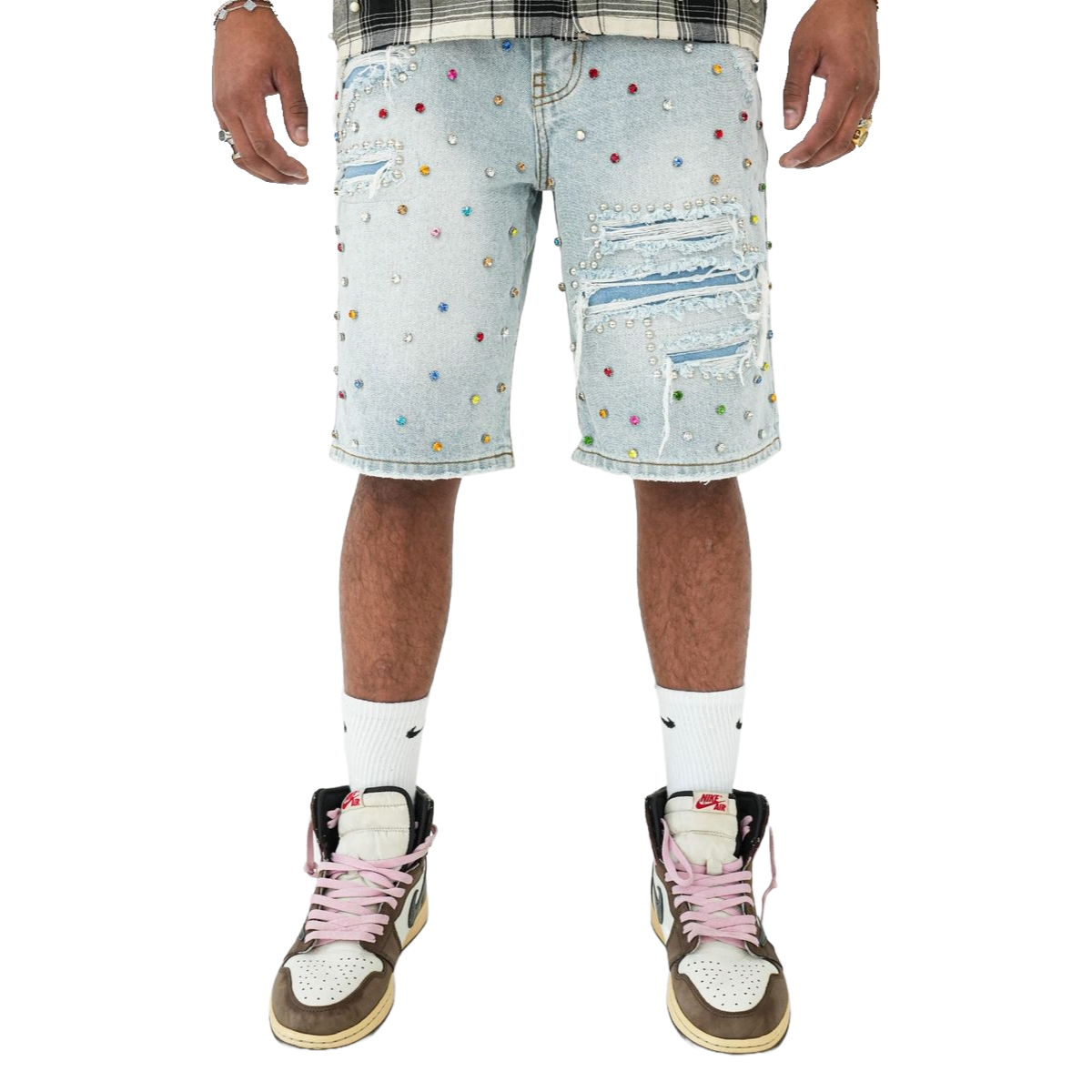 PREME 'RIP AND REPAIR' BLUE DENIM SHORTS