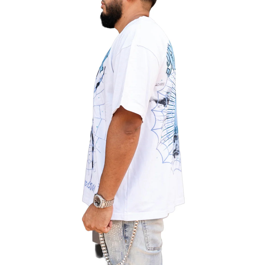 RVR 'SPIDER' RHINESTONE SS TEE (WHT/BLUE)