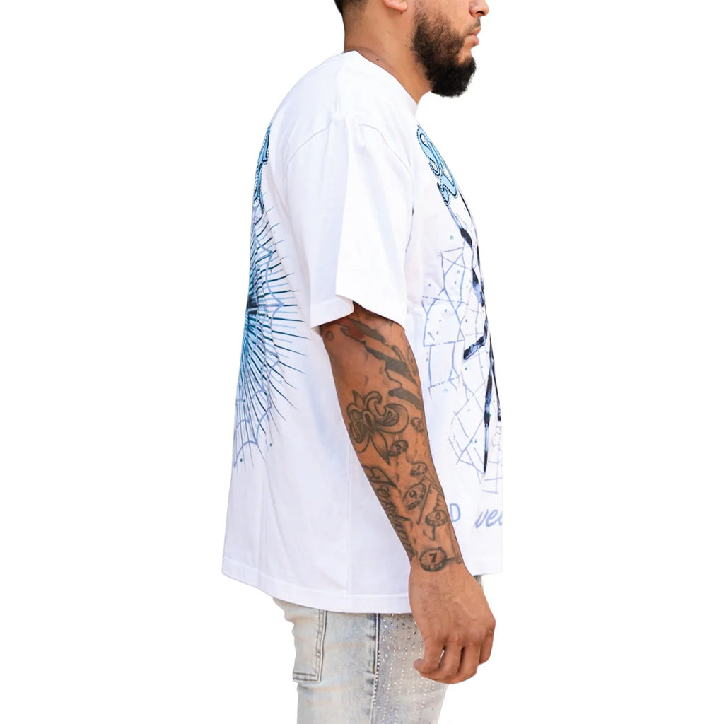 RVR 'SPIDER' RHINESTONE SS TEE (WHT/BLUE)