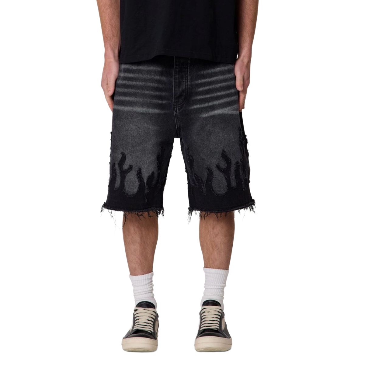 MNML 'FLAME' BAGGY DENIM JORTS (BLK)