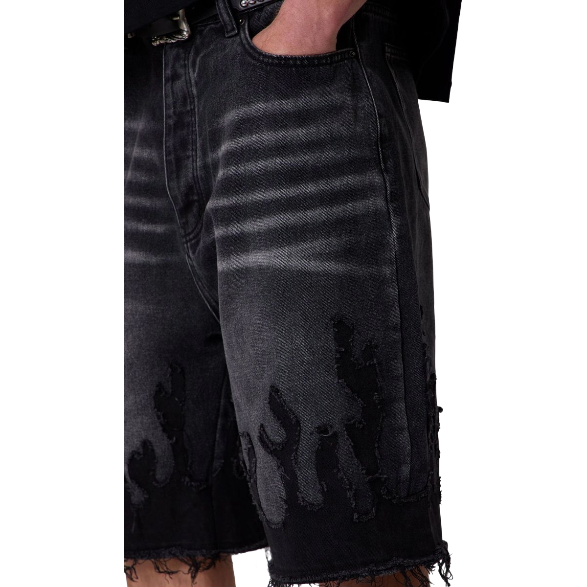 MNML 'FLAME' BAGGY DENIM JORTS (BLK)