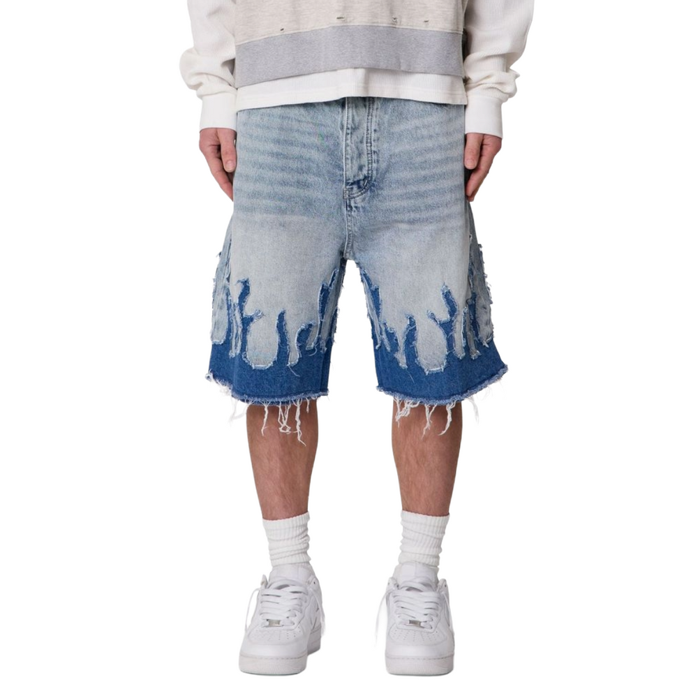 MNML 'FLAME' BAGGY DENIM JORTS (BLUE)