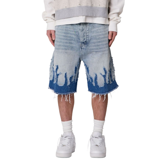MNML 'FLAME' BAGGY DENIM JORTS (BLUE)