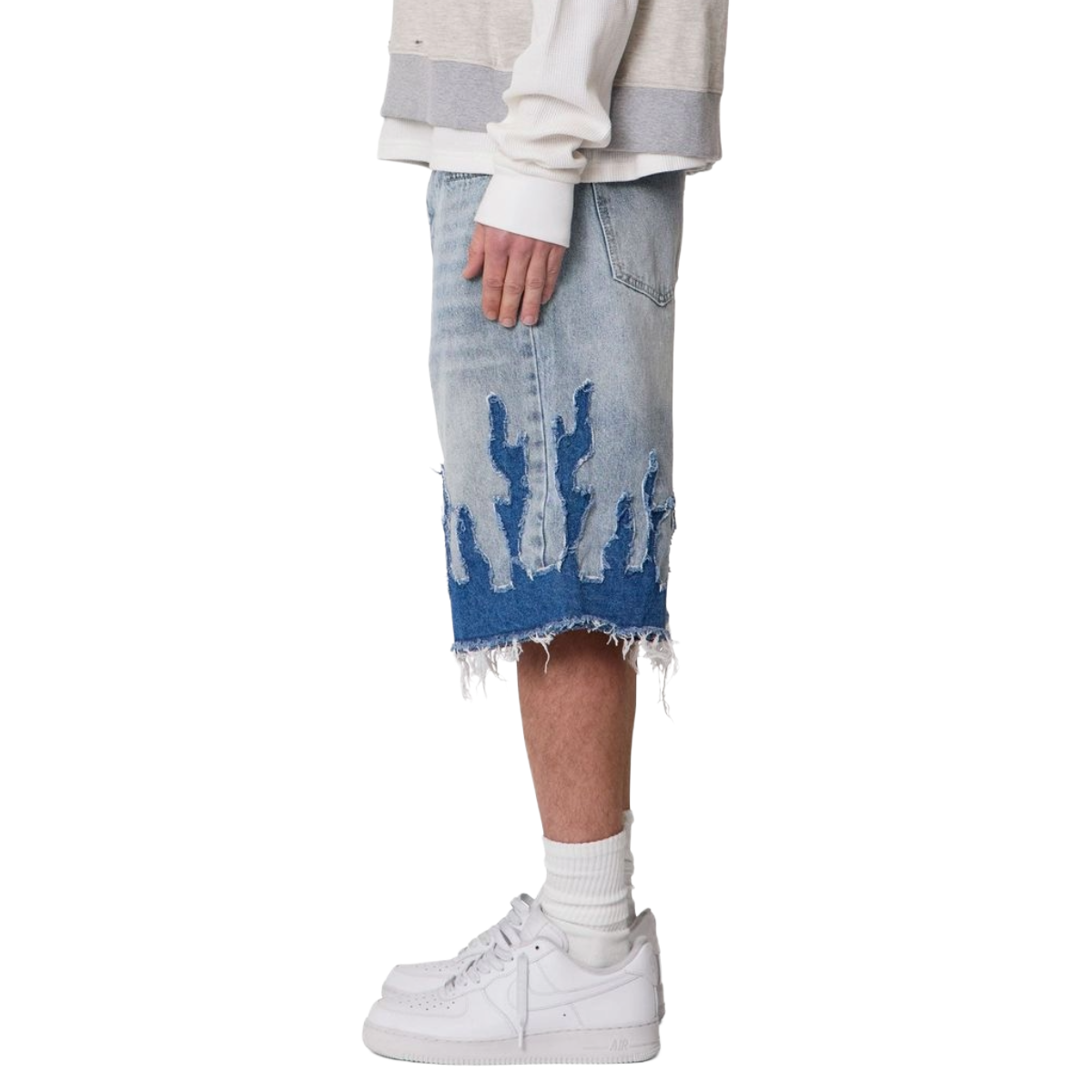MNML 'FLAME' BAGGY DENIM JORTS (BLUE)
