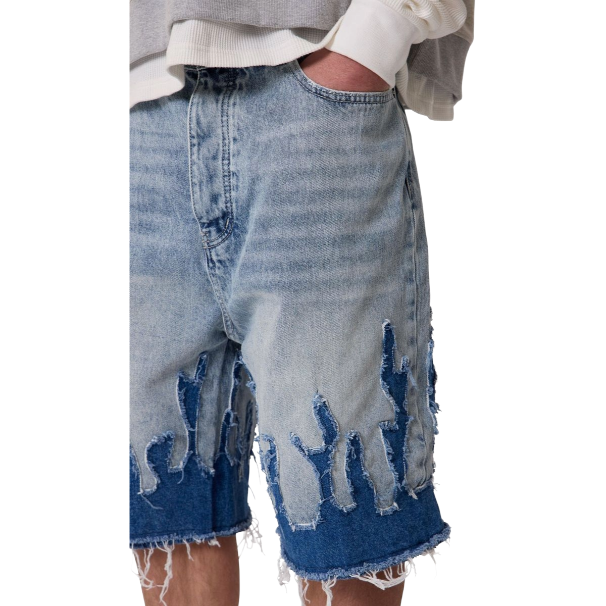 MNML 'FLAME' BAGGY DENIM JORTS (BLUE)