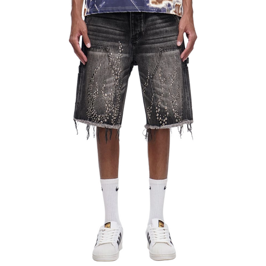 TRNCHS 'SHRAPNEL' WASHED DENIM SHORTS (BLK)