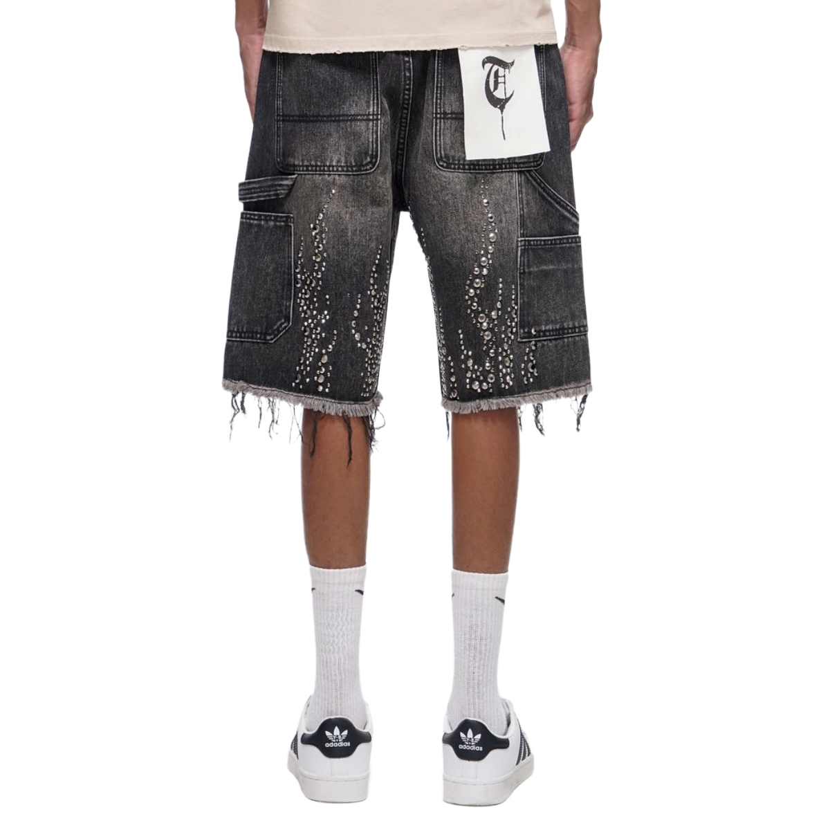 TRNCHS 'SHRAPNEL' WASHED DENIM SHORTS (BLK)