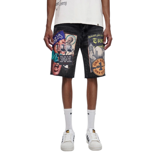 TRNCHS 'COLLAGE' WASHED DENIM SHORTS (BLK)