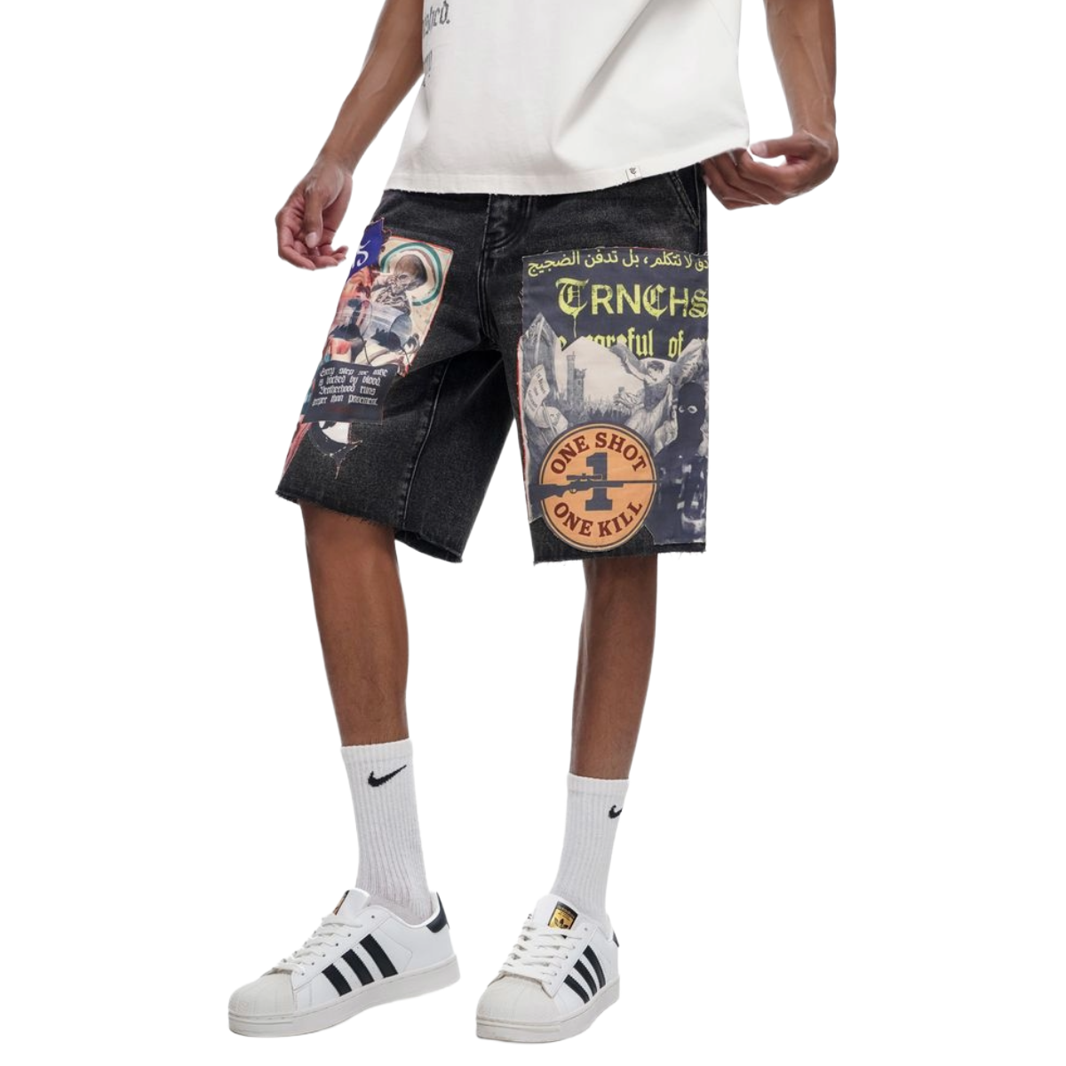 TRNCHS 'COLLAGE' WASHED DENIM SHORTS (BLK)