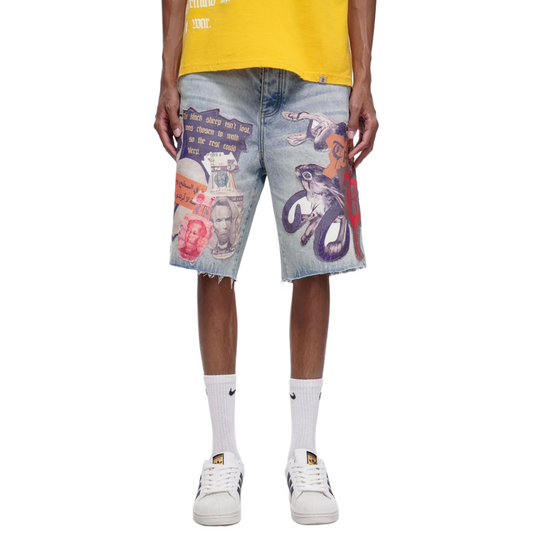 TRNCHS 'COLLAGE' WASHED DENIM SHORTS (LT BLUE)
