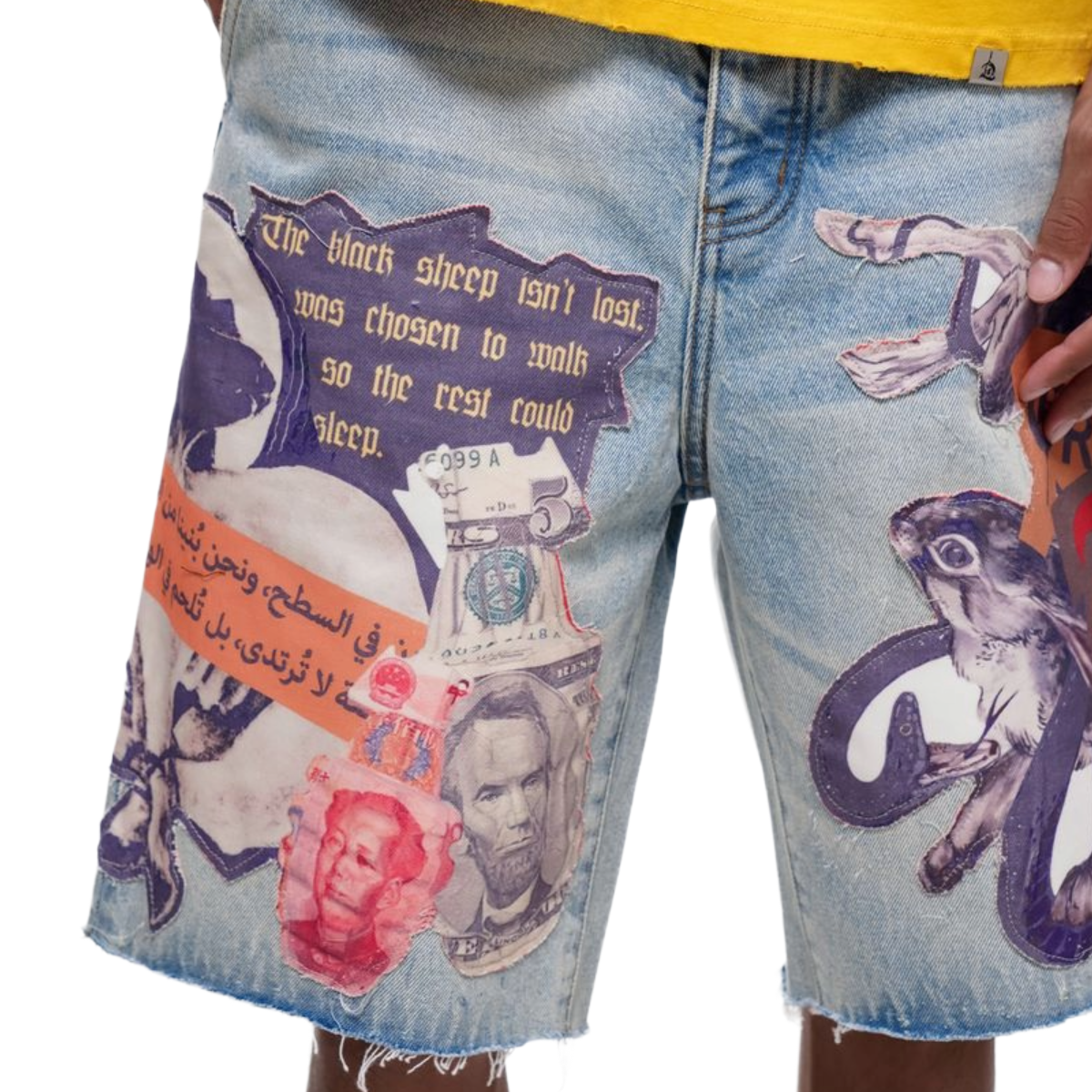 TRNCHS 'COLLAGE' WASHED DENIM SHORTS (LT BLUE)