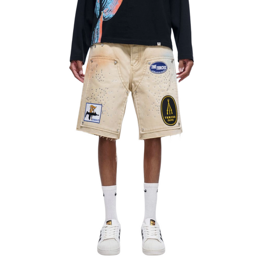 TRNCHS 'OPERATOR' WASHED DENIM SHORTS (KHAKI)