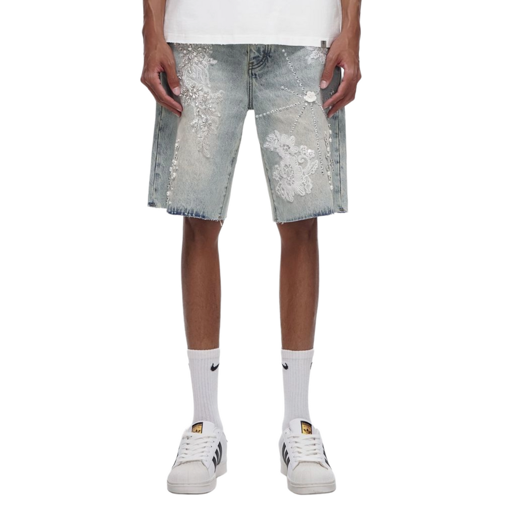 TRNCHS 'STITCHED' WASHED DENIM SHORTS (LT BLUE)