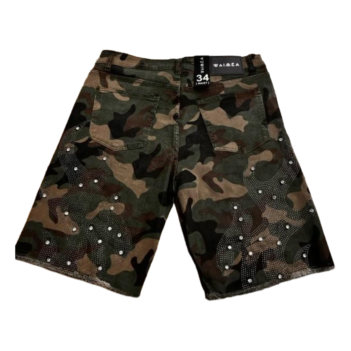 WAIMEA CAMO RHINESTONE DENIM SHORTS