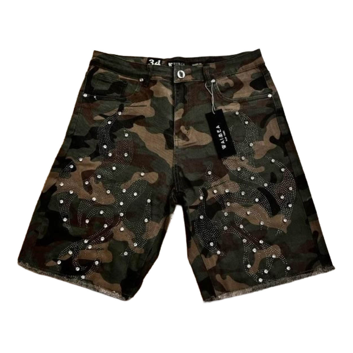 WAIMEA CAMO RHINESTONE DENIM SHORTS