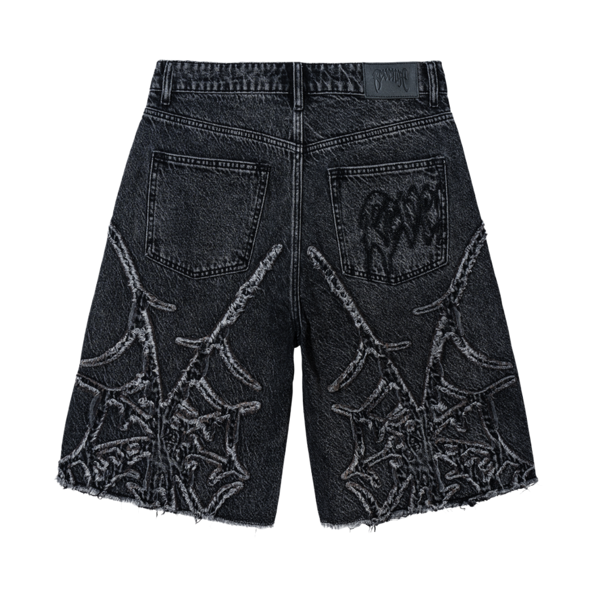 REVENGE 'SPIDER WEB' WASHED DENIM SHORTS (BLK)