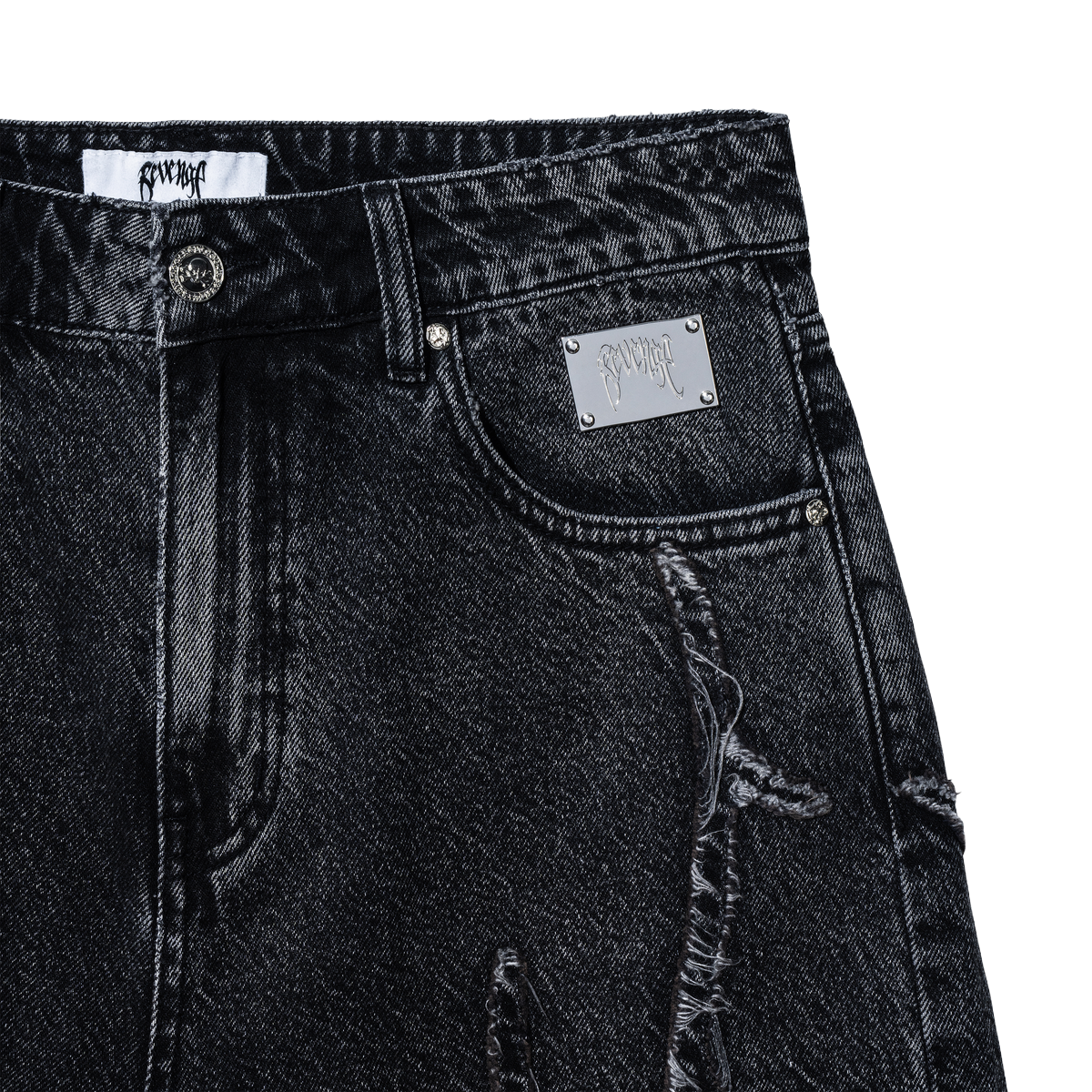 REVENGE 'SPIDER WEB' WASHED DENIM SHORTS (BLK)