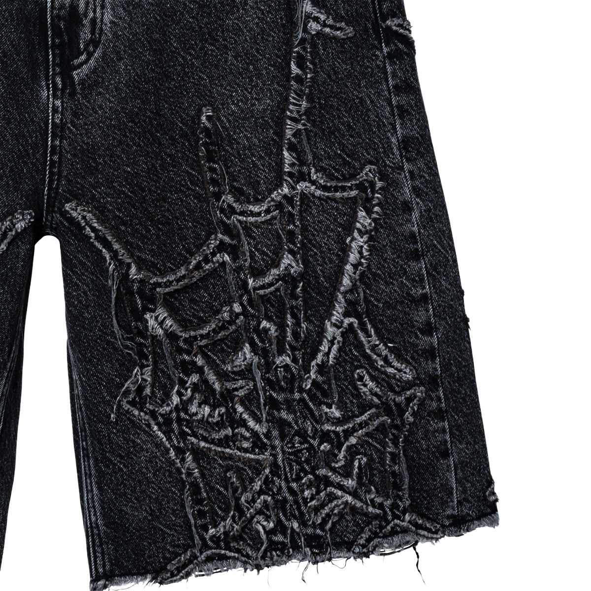 REVENGE 'SPIDER WEB' WASHED DENIM SHORTS (BLK)