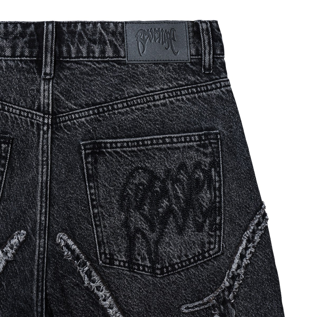 REVENGE 'SPIDER WEB' WASHED DENIM SHORTS (BLK)