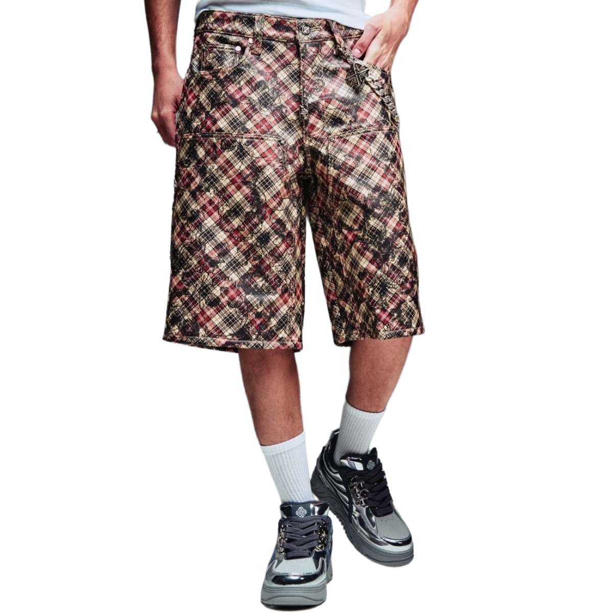 GUAPI 'CHARCOAL' PLAID LEATHER SHORTS
