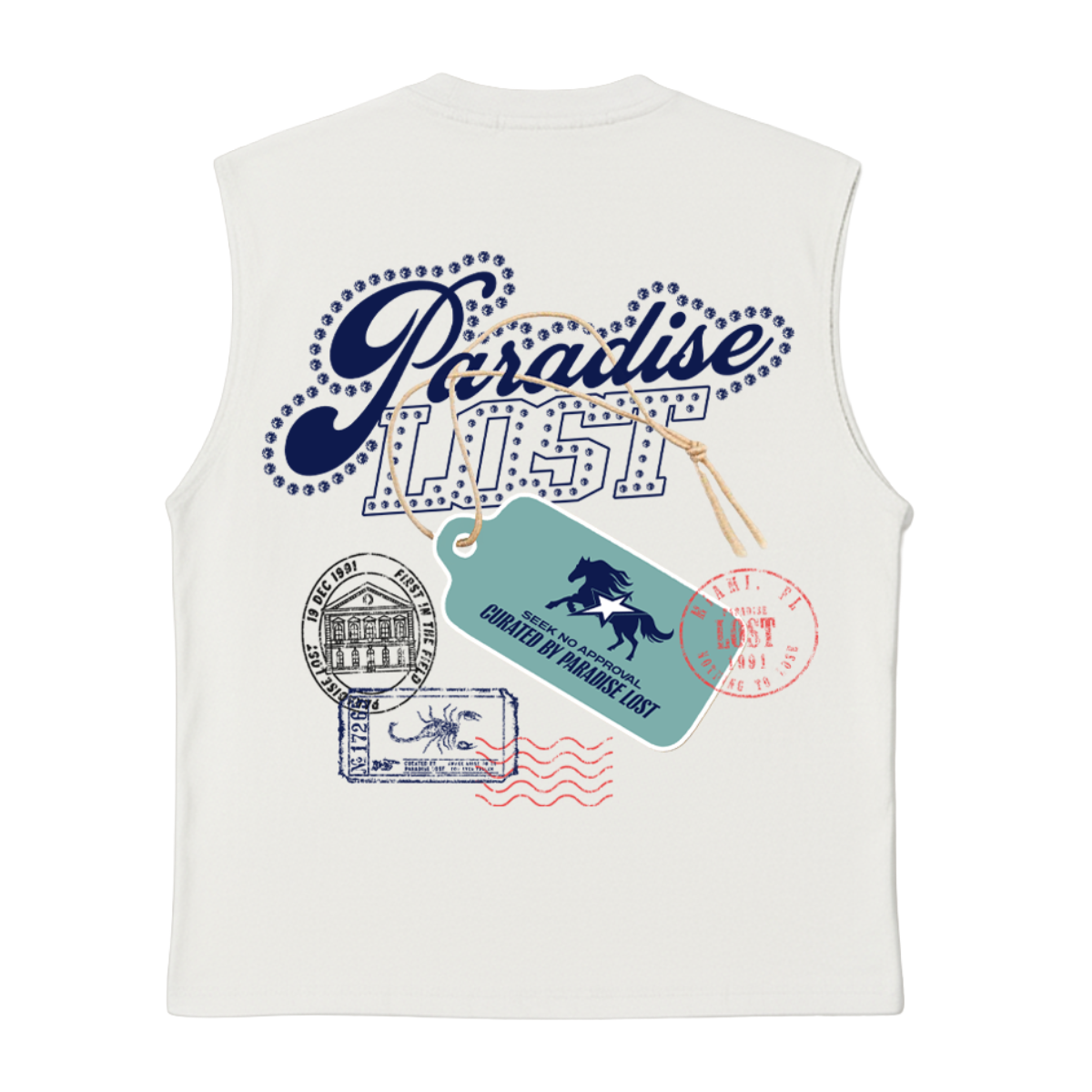 PL 'LOST PASSPORT' SLEEVELESS TEE (WHT)