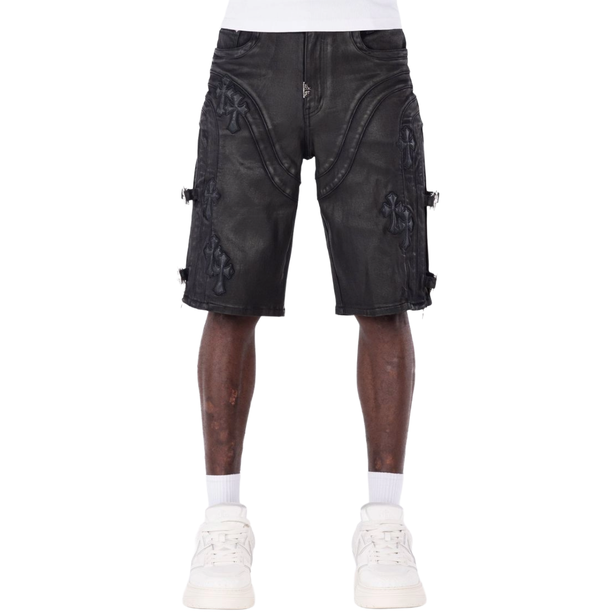 GUAPI 'CROSS BUCKLE' DENIM SHORTS (BLK)