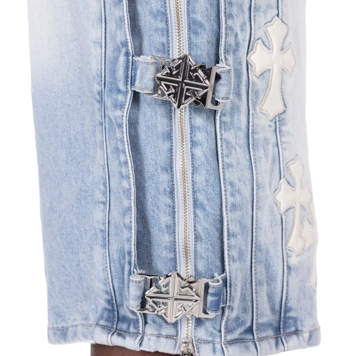 GUAPI 'CROSS BUCKLE' DENIM SHORTS (AQUA BLUE)