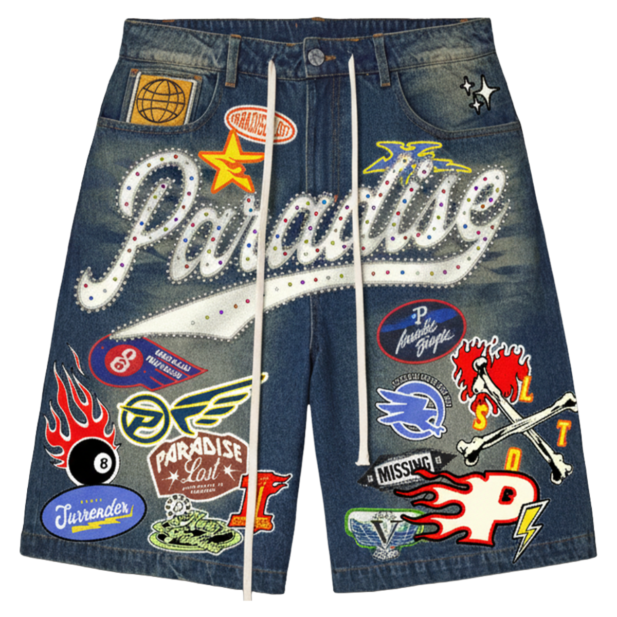 PARADISE PATCHWORK DENIM SHORTS (BLUE)