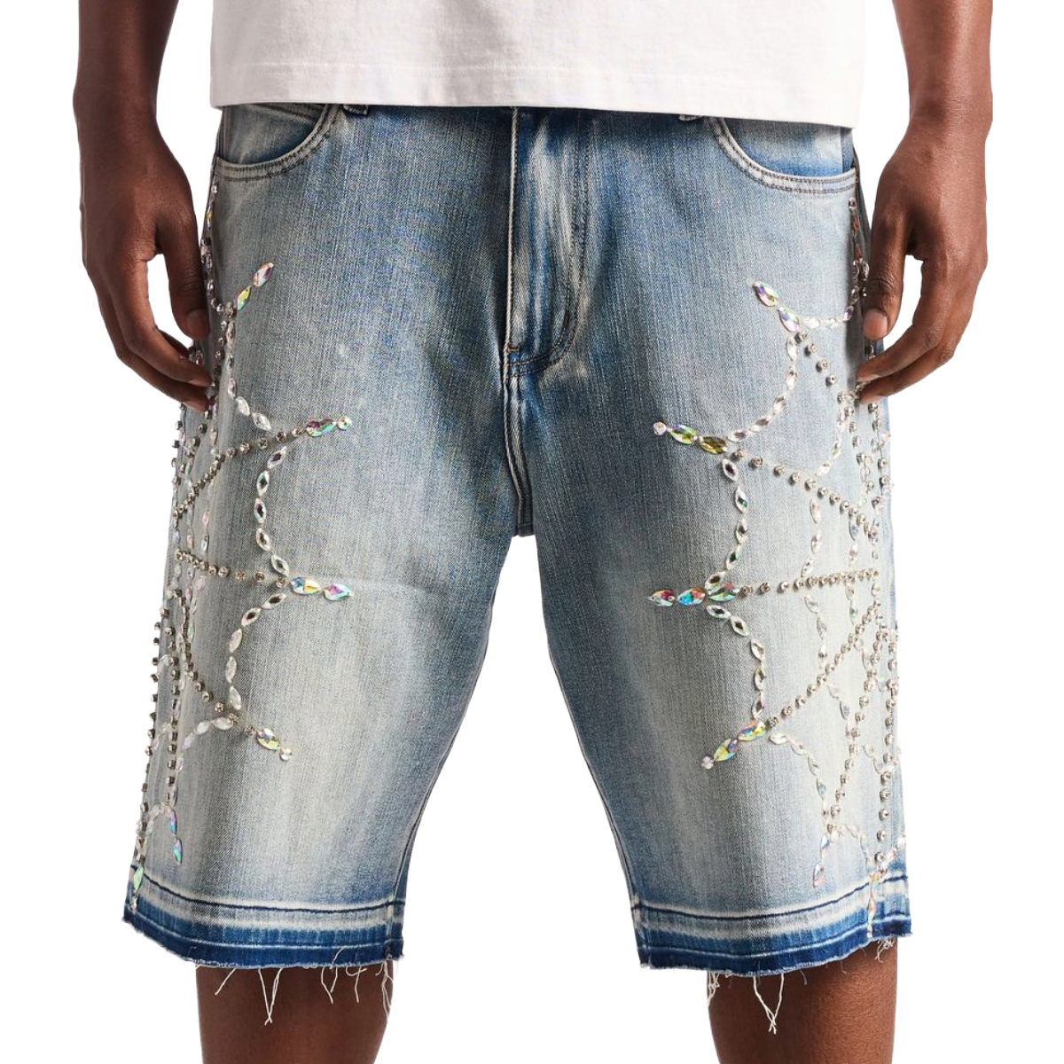 EMBELLISH 'CRYSTAL WEB' DENIM SHORTS (BLUE)