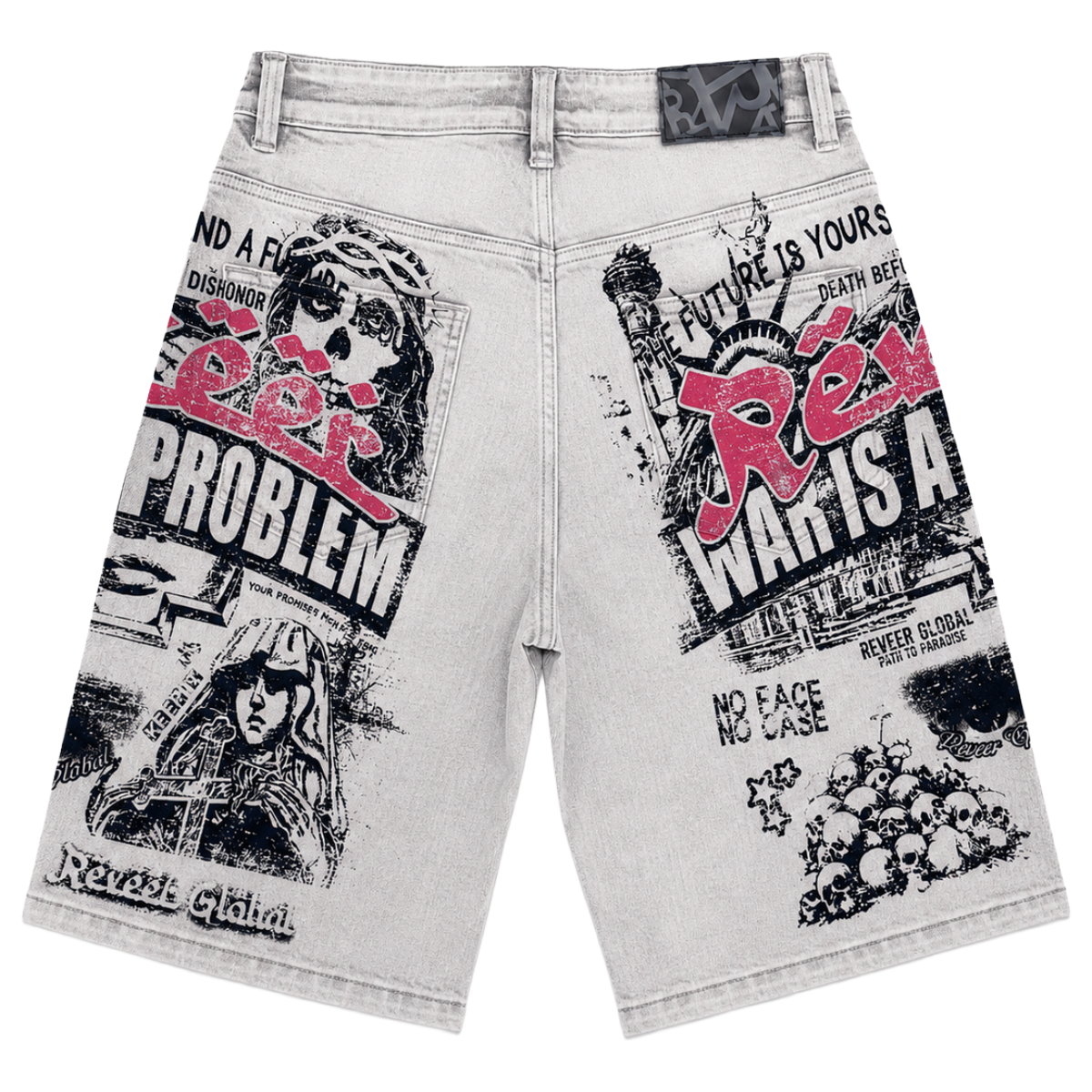 REVEER 'WAR IS A PROBLEM' DENIM SHORTS (LT WASH)