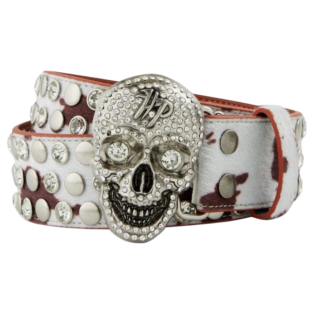 HP - COW PRINT SKULL BELT - CREAM BROWN