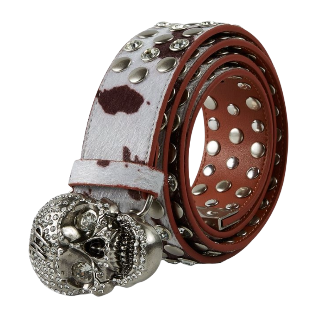 HP - COW PRINT SKULL BELT - CREAM BROWN