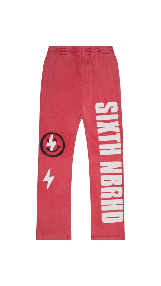 6THNBRHD "CUTOUT" RED RELAXED FIT FLEECE PANTS