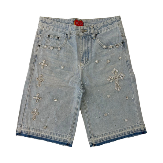 GC OG BLUE DENIM JORTS - RAW EDGE/ EMBELLISHED