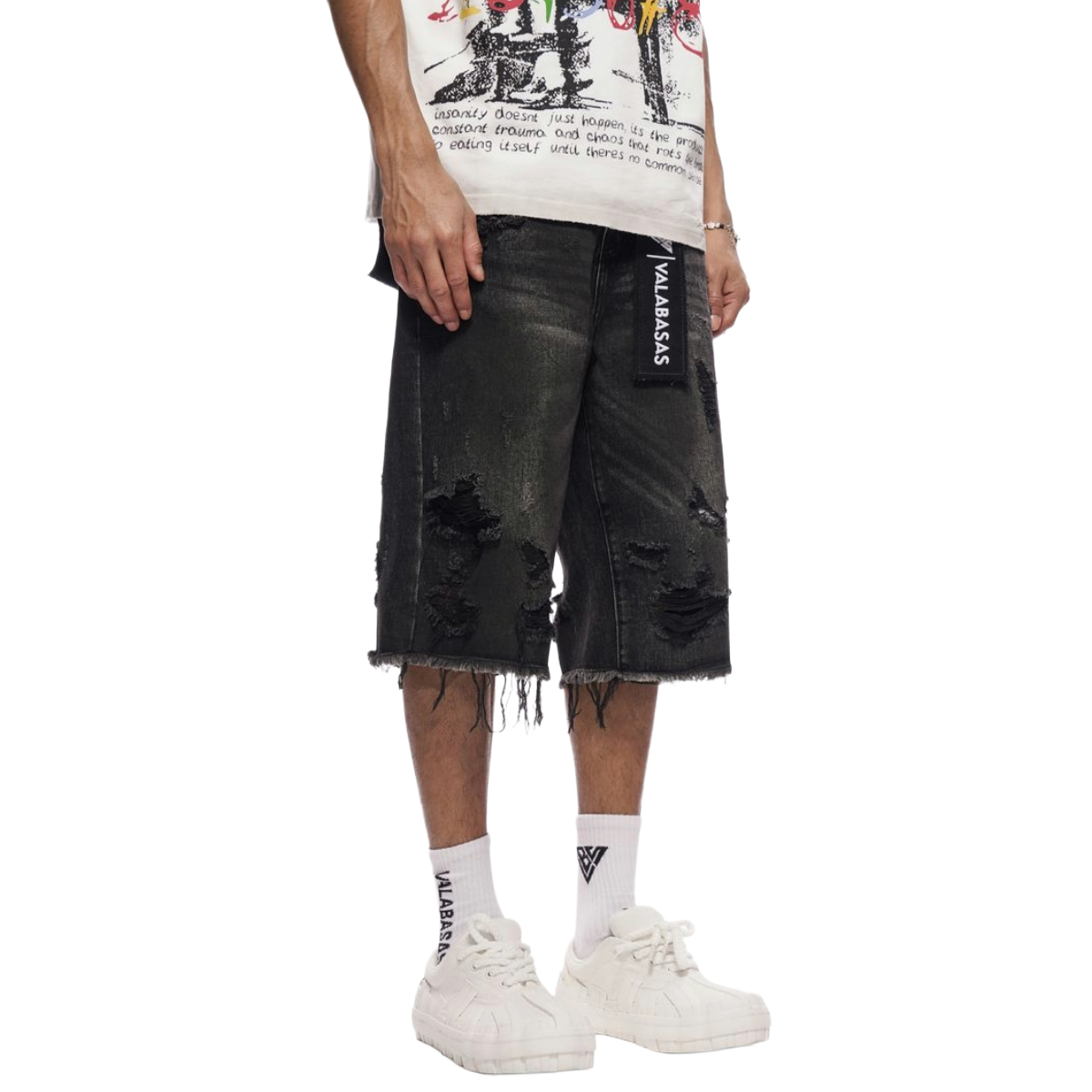 VALABASAS "SNAPPED" BAGGY DENIM JORTS (BLACK)
