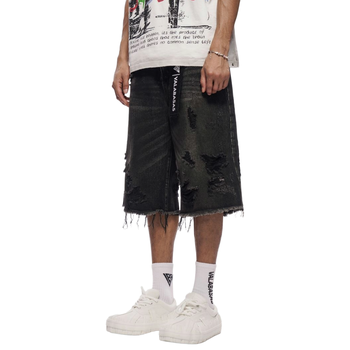 VALABASAS "SNAPPED" BAGGY DENIM JORTS (BLACK)